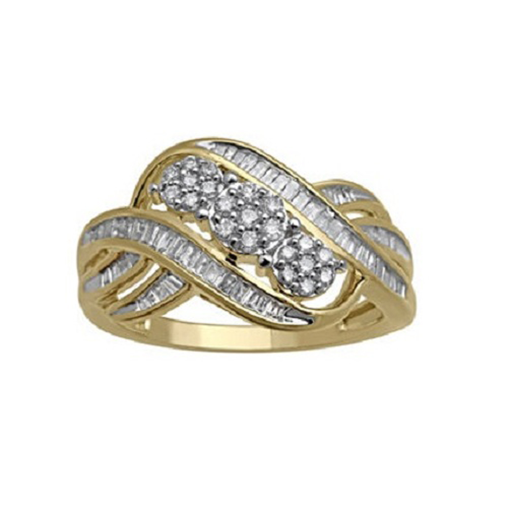 1/2 CT TW Diamond 14k Yellow Gold Fn 3-Cluster Swirl Ring .925 Sterling 