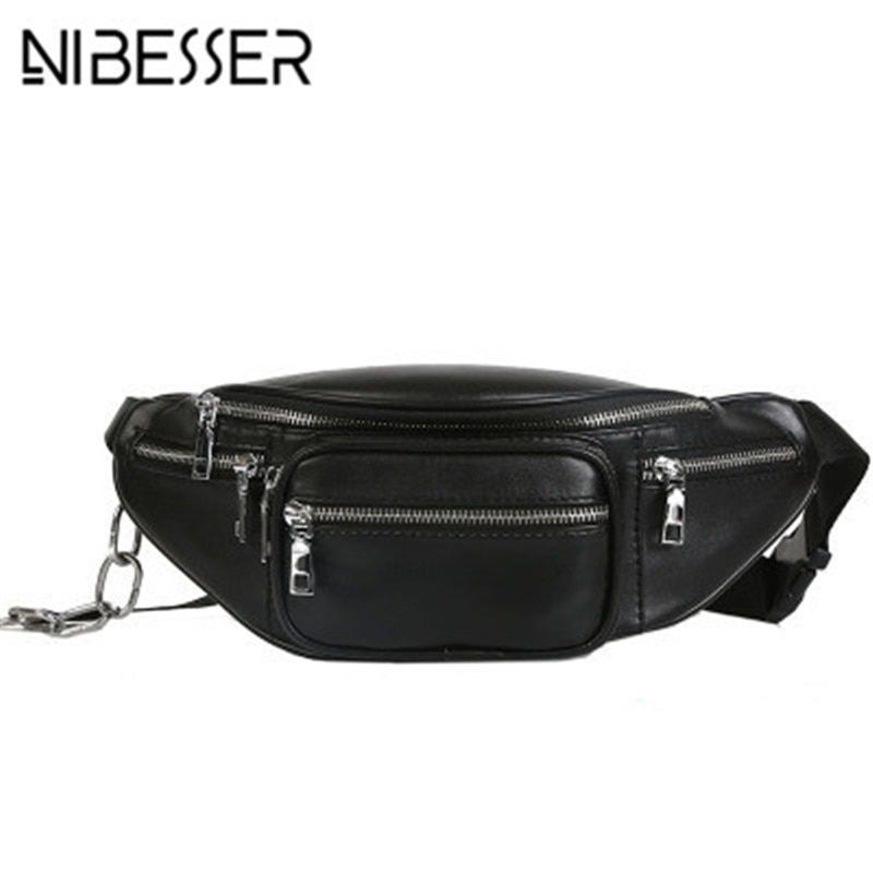 Black Fanny Pack Across Chest Faux Leather Waist Belt Bag with Chain