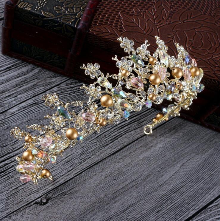 New Fashion Magnificent Pearl Crystal Bridal Crown Tiaras Classic Golden Diadem