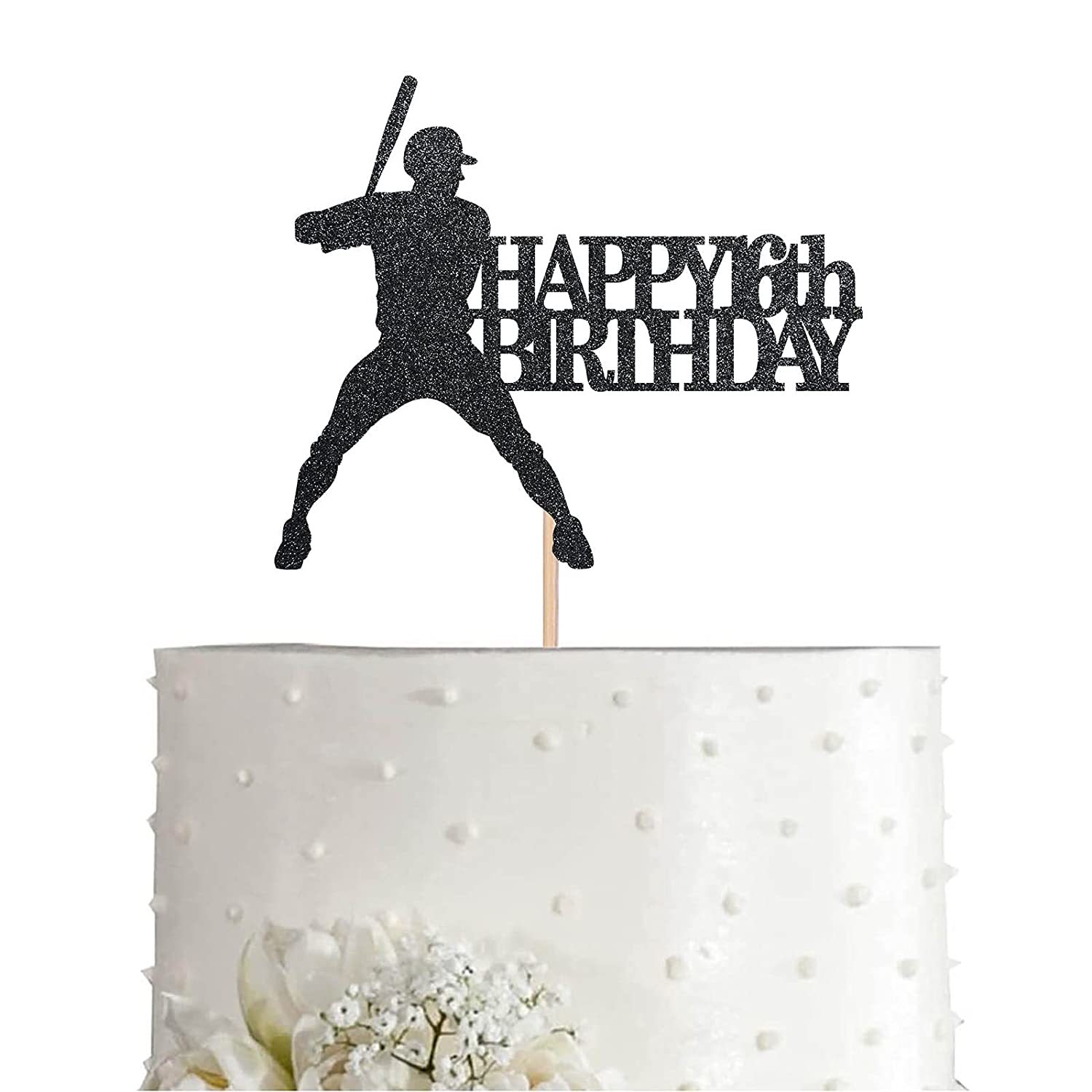 Black Baseball 16 Birthday Cake Topper, Glitter Happy 16Th Birthday Pa