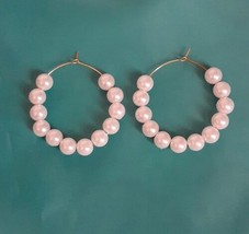 Faux Pearl Beaded Boho Hoop Earrings White Womens Fashion 40mm handcrafted - $6.89