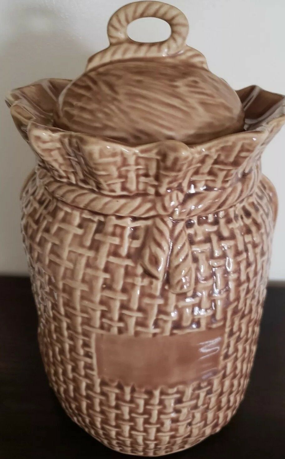 McCoy Pottery Burlap Sack Cookie Jar Vintage Canister Basket Weave 11.5" Tall Kitchen & Home