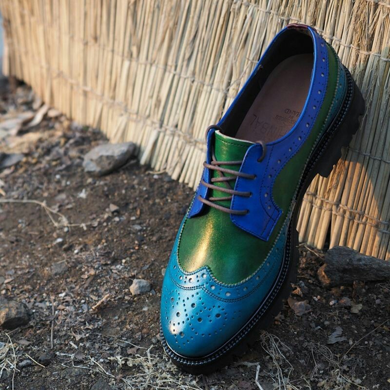 Men Two Tone Blue Green Handmade Leather Wing Tip Brogues Toe Oxford Shoes