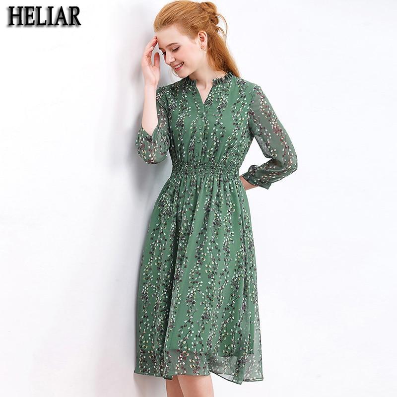 HELIAR Chiffon Womens Dresses For Autumn 2019 Green Flower Pattern ...