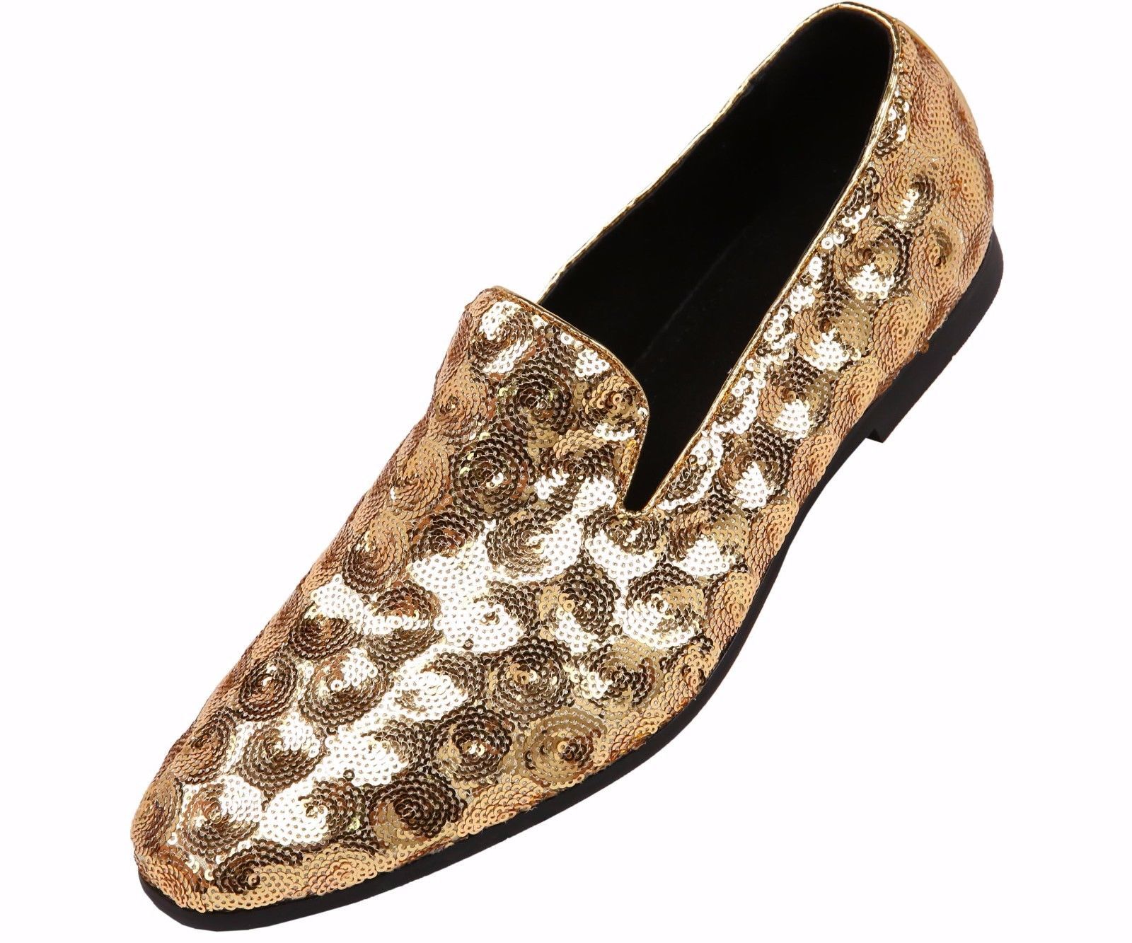 Amali Mens Gold Sequin Circle Patterned Smoking Slipper Dress Shoe
