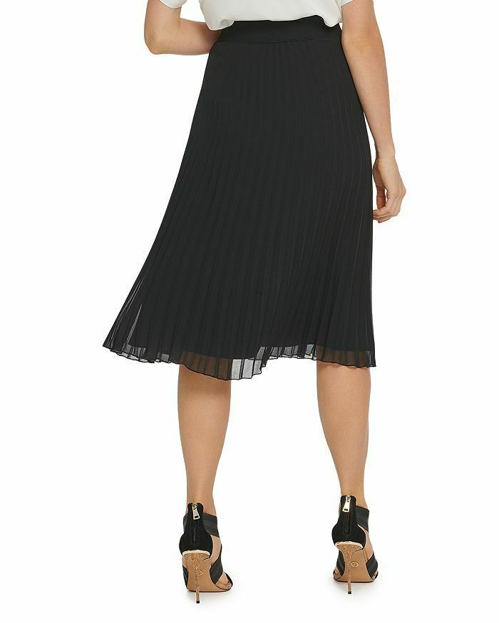 DKNY Black A-Line Pleated Chiffon Lined Pull On Midi Skirt Women's Size ...