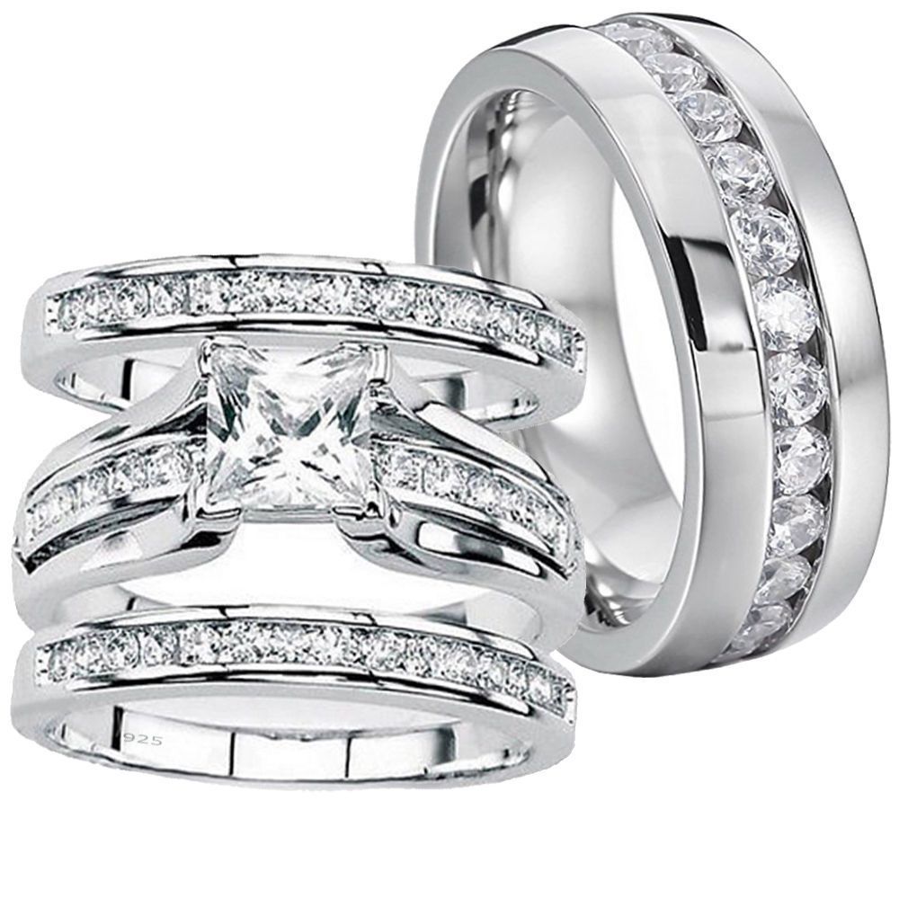 His Hers Wedding Rings Engagement Sterling Silver Stainless Steel Free Shipping
