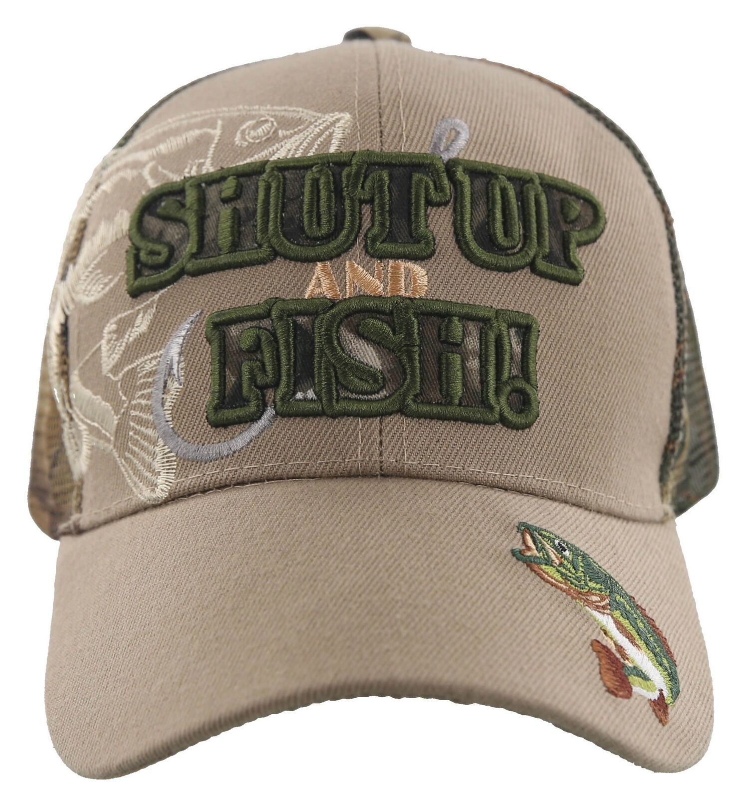 NEW! CAMO MESH BASS SHUT UP AND FISH FISHING BALL CAP HAT TAN - Men's Hats