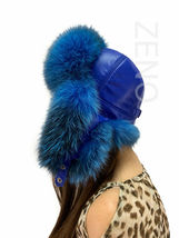 Blue Frost Fox Fur Ushanka Hat with Leather Trapper Aviator Hat Saga Furs Blue image 4