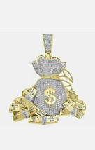 10K Yellow Gold Plated  Simulated Diamond Money Bag Stacks Pendant 1.85"  3Ct - $264.32