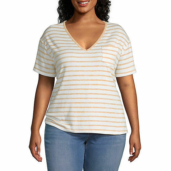 a.n.a. Women's Plus V Neck Short Sleeve T Shirt Size 1X White Gold Stripe New