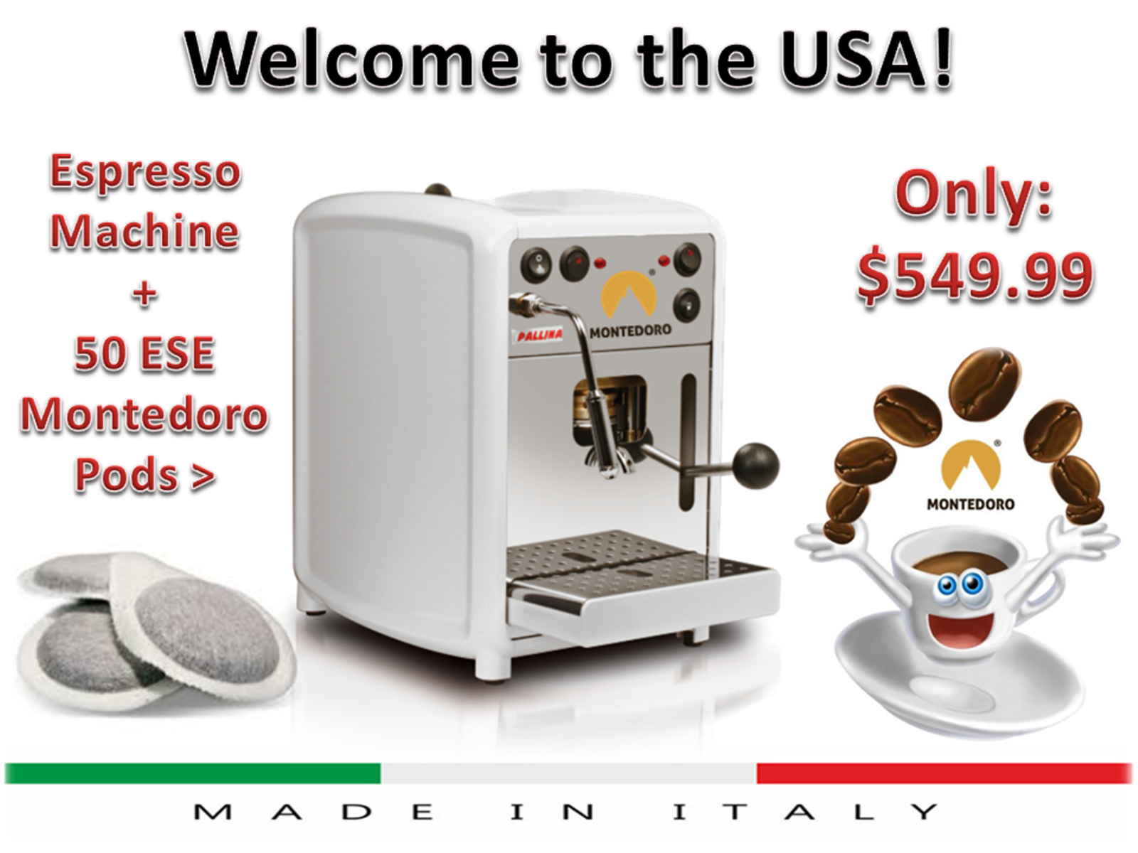 New Montedoro Pallina Black Espresso ESE Pods Machine with steam. Made