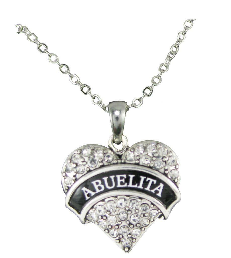 Abuelita Clear Crystal Heart Pendant Silver Chain Necklace Abuela Grandmother