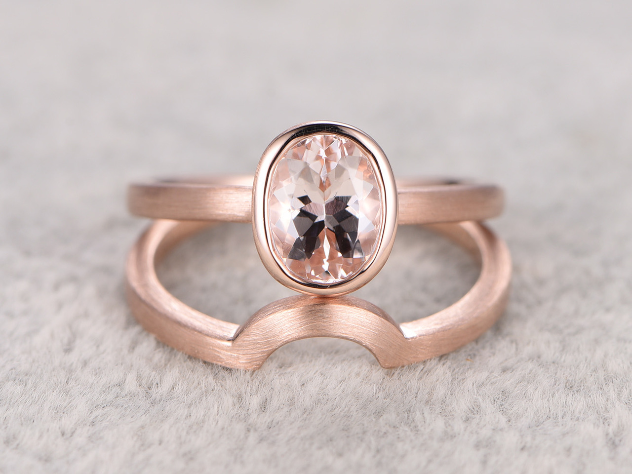 14k Rose Gold Over 6x8mm Oval Morganite Solitaire Brush Face Curved Band Ring