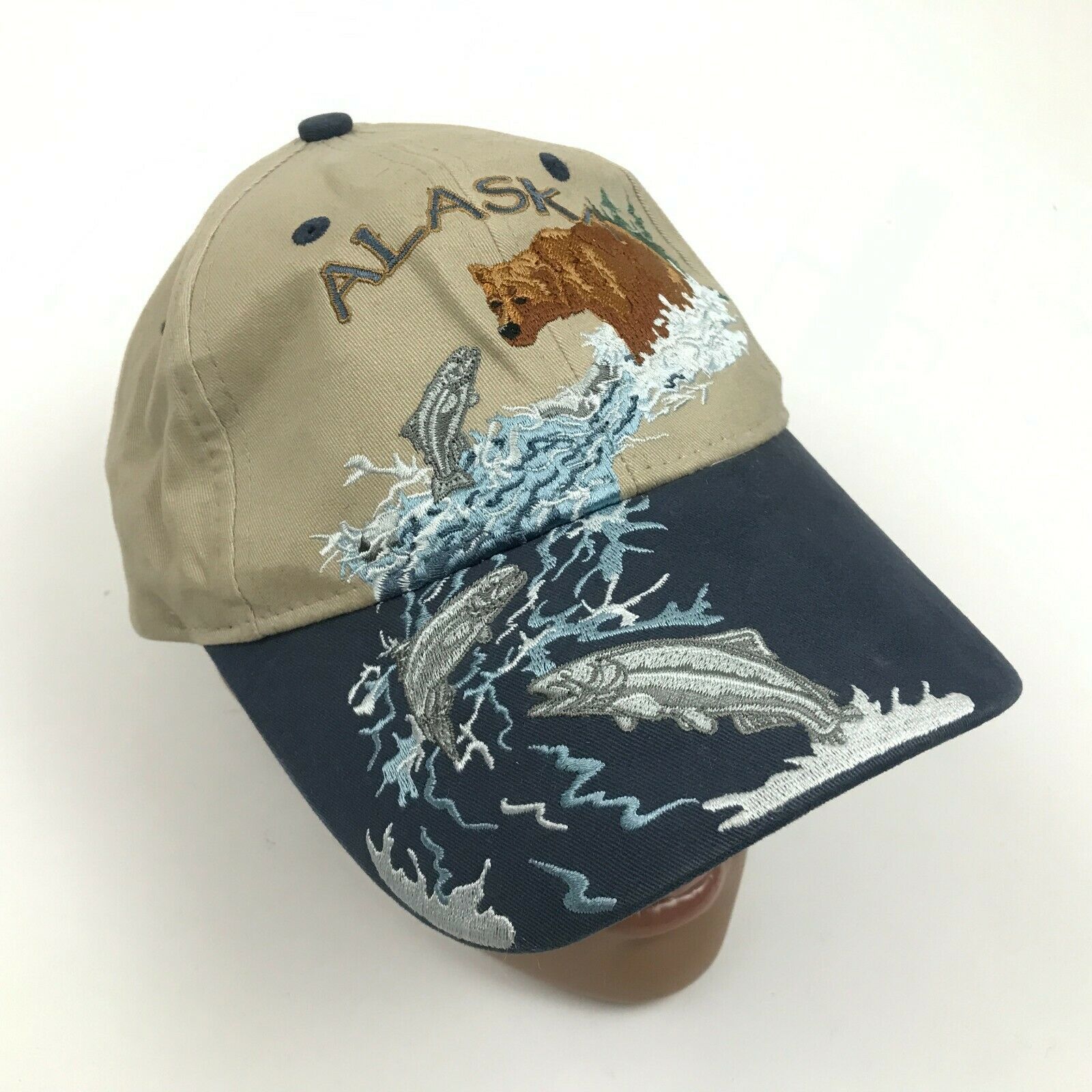 Alaska Salmon Run Fishing Hat Baseball Cap Leather Strapback Camel