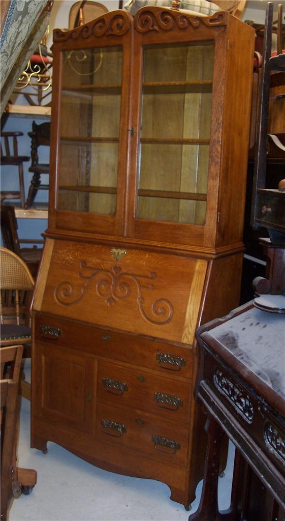 Early 1900's Quartersawn Oak Drop Front Secretary Hutch Post1950
