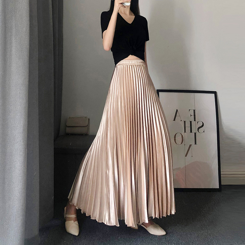 Pleated Long Skirt Womens Pleated Skirt Outfit, Champagne, Silver, Black- MIDI  SKIRT/ PLEATED SKIRT