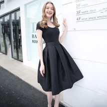 BLACK A-Line Ruffle Skirt Plus Size Taffeta High Waist Pleated Midi Party Skirt