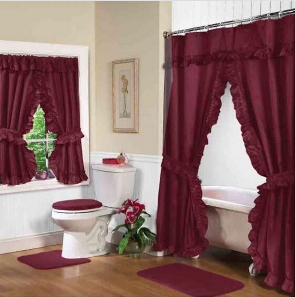 Burgundy Double Swag Ruffled Shower Curtain with Peva Liner or Window ...