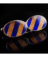 Vintage Modernist stripe cufflinks - tuxedo blue gold set - Striped Cuff... - $75.00