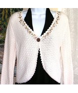 Hand Crochet Bolero Cardigan, Bead Sequin Neckline, White Cotton Ramie B... - $35.00