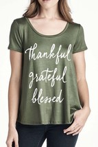 Womens Thankful Grateful Blessed Flowy GREEN Stretch A Line Loose T-Shir... - $34.00
