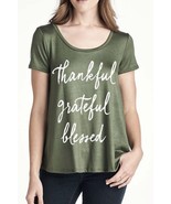 Womens Thankful Grateful Blessed Flowy GREEN Stretch A Line Loose T-Shir... - $34.00