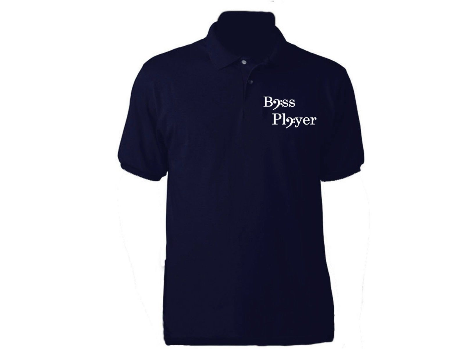 Image of Bass player music polo sweat proof polyester navy blue workout collared t-shirt
