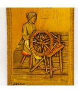 Vintage 3D Canadian Art Wood Carving Sculpture Lady Spinning Wheel H. Na... - $59.37