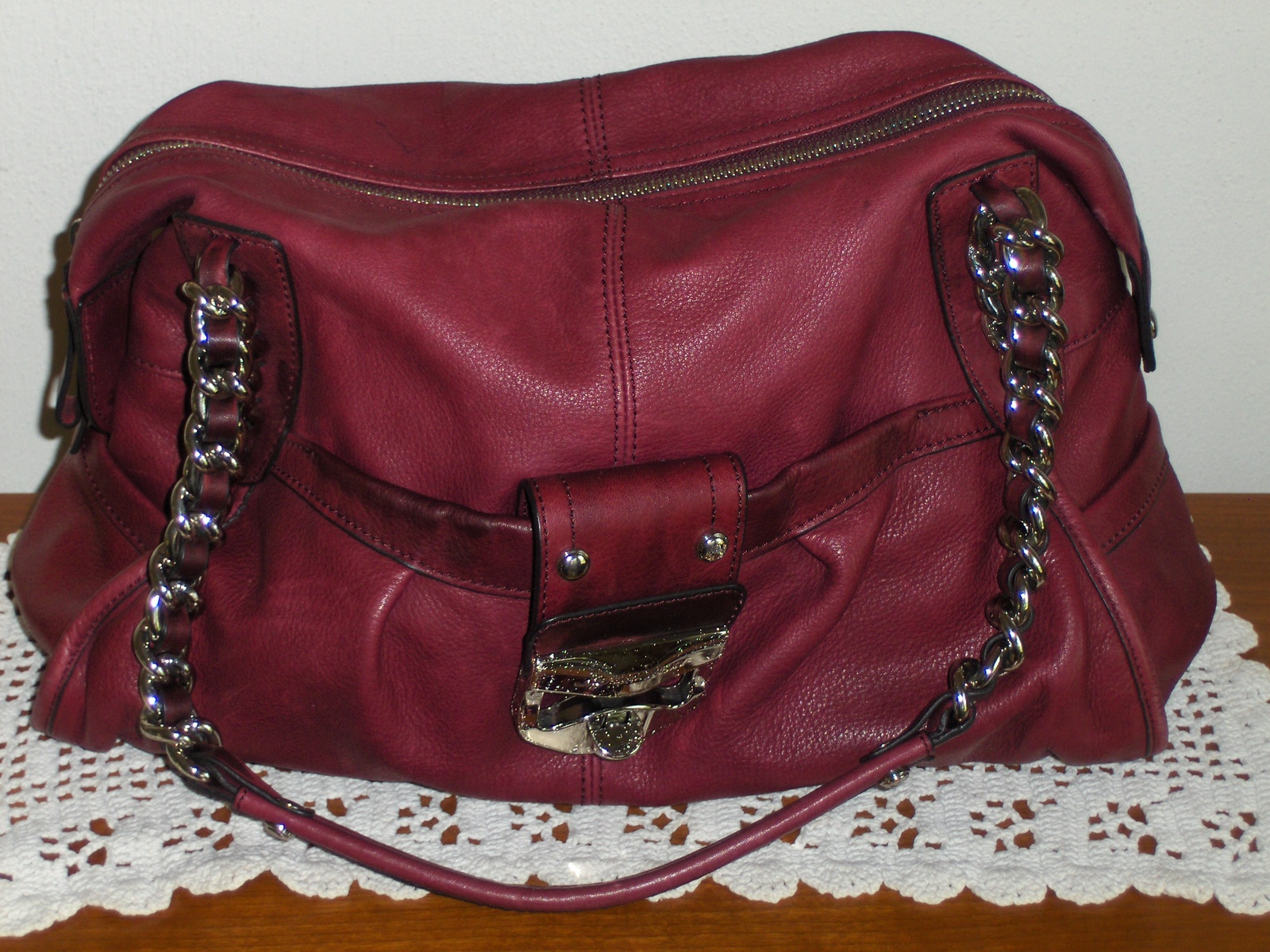 B. Makowsky Satchel Cranberry Leather Shoulder Purse Tote Bag Handbag