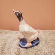 Vintage Goose Figurine, Glazed Ceramic on Blue Base, Geese Bird Decor
