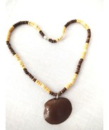 HALF CLAM SHELL PAINTED BROWN ON 17&quot; BROWN AND TAN WOOD COCO BEAD NECKLACE - $9.99