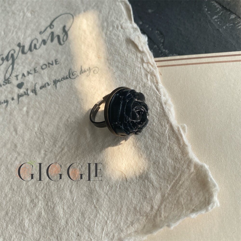 Handmade black rose flower ring for women gothic darkness adjustable earring