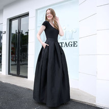 BLACK High Waisted Ruffle Long Maxi Skirt Taffeta Pleated Party Skirt Plus Size image 2