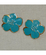 vintage gold tone teal blue enamel flower floral pierced post earrings - $7.91