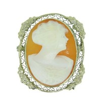 14k White Gold Genuine Natural Shell Cameo Pin Filigree Applied Flowers (#J2146) - $325.00
