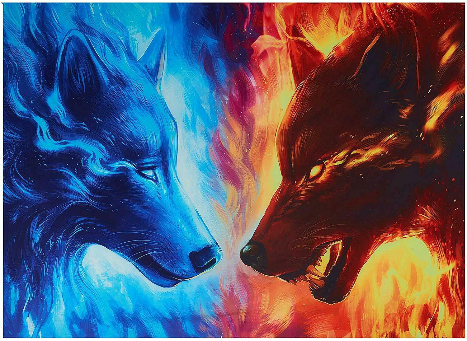 Tapestry Fire & Ice Wolves Blue & Red Wild Fierce Epic 79