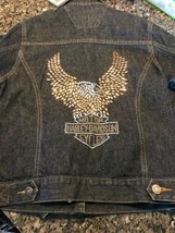 Harley Davidson Women’s Denim Jacket Embellished Eagle XS Blue Metal Log... - $98.37