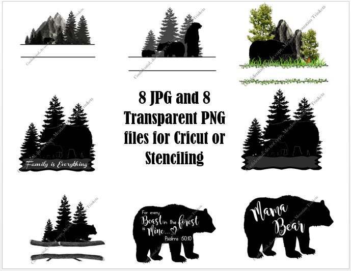 8 Black Bear Files for Cricut or Stenciling - 8 JPG & 8 Transparent PNG - Mono