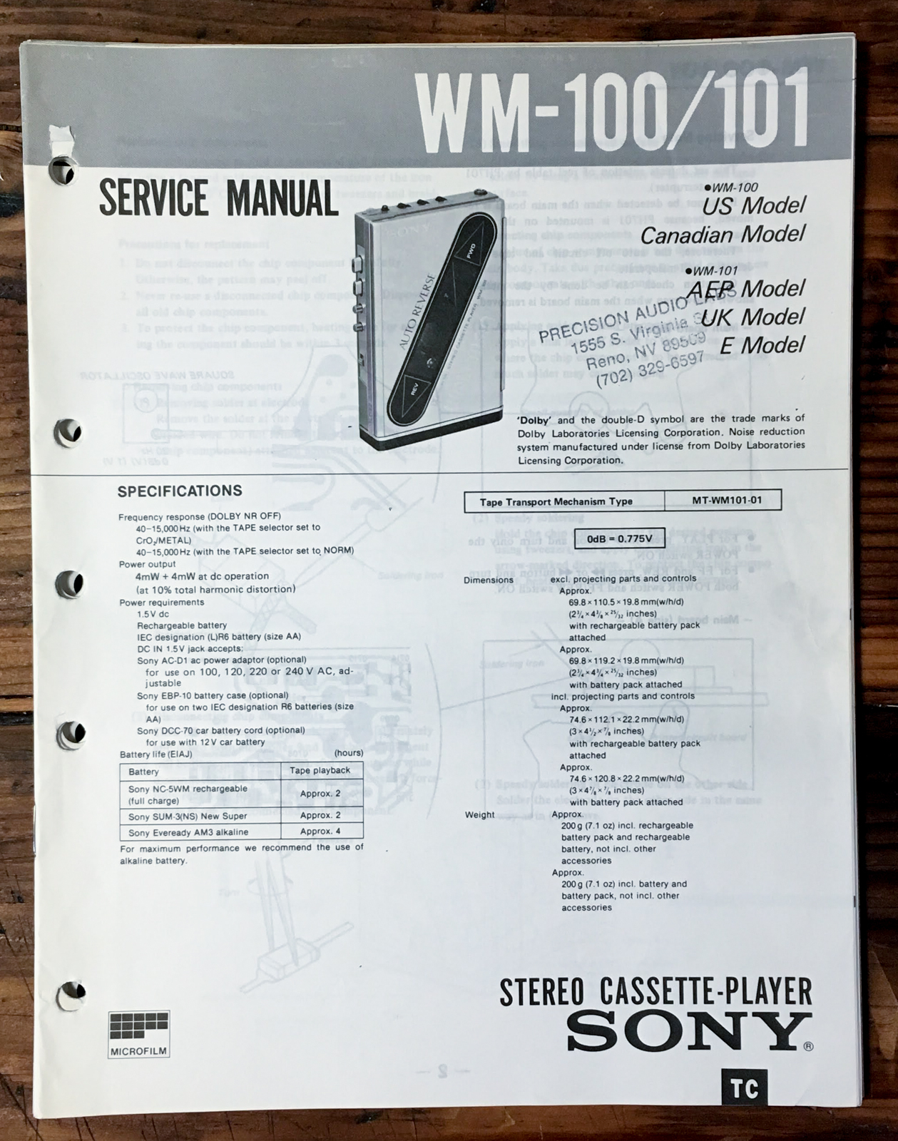 Sony WM-100 WM-101 Cassette Service Manual *Original* - $28.93