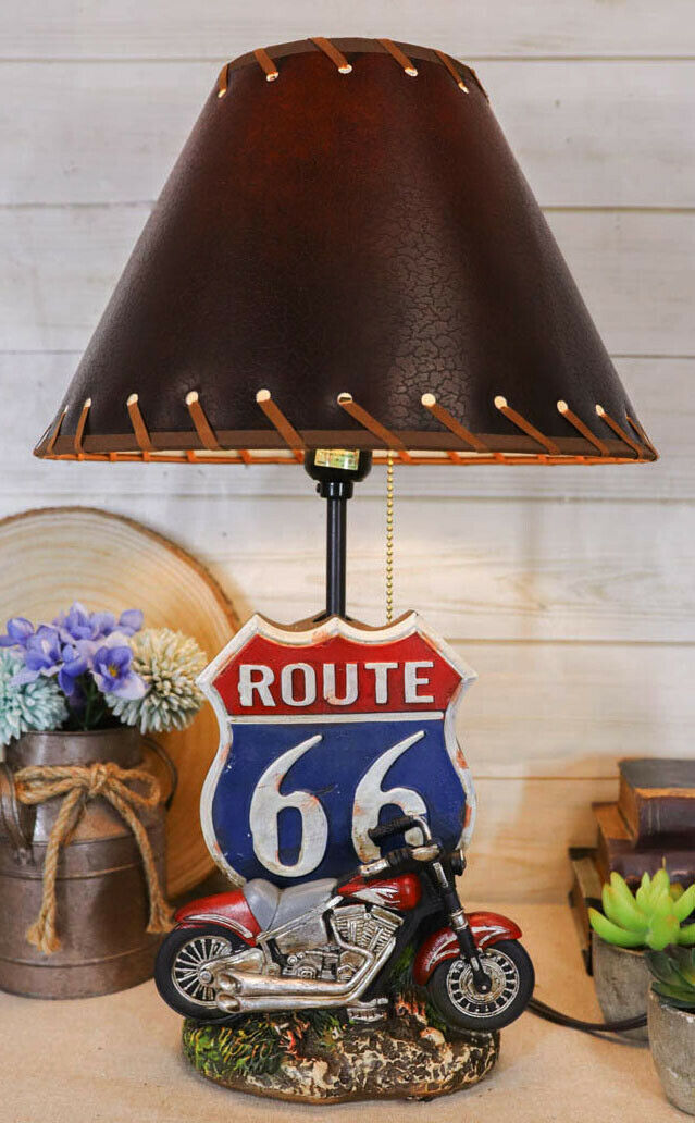 Vintage Retro Red Motorcycle By Route 66 Highway Sign Desktop Table Lamp 19Tall