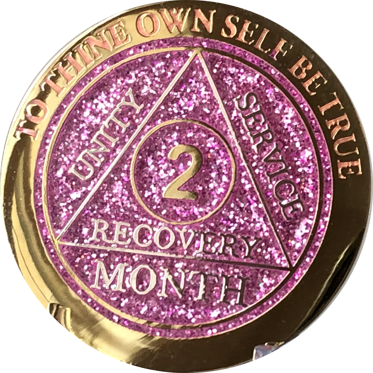 2 Month AA Medallion Reflex Pink Glitter Gold and Silver Plated Sobriety Chip