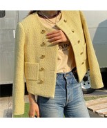 Yellow tweed long sleeve double breasted women blazer front pockets jacket - $64.00