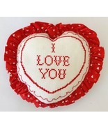 Small Cross Stitch Heart Cushion I Love You With Ruffle - $27.08