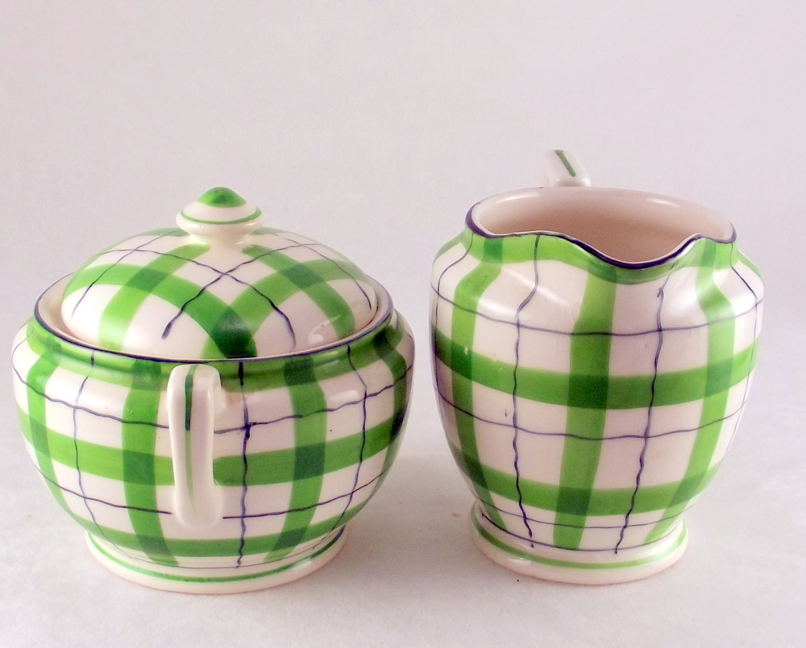 Vintage green white plaid ceramic sugar and creamer set made in Japan