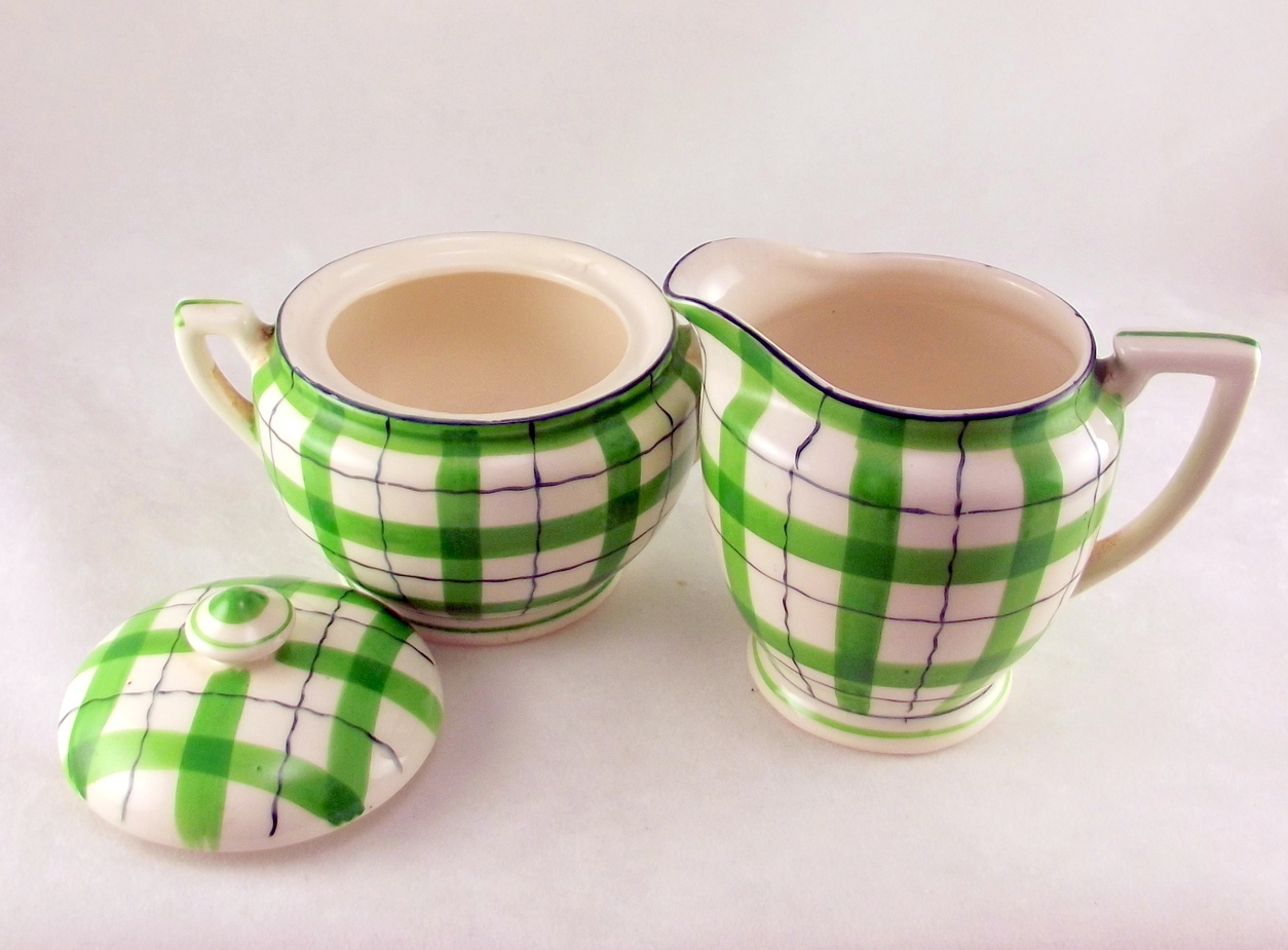 Vintage green white plaid ceramic sugar and creamer set made in Japan