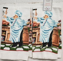 2 SAME PRINTED KITCHEN TOWELS, 15&quot; x 25&quot;, FAT CHEF DANCING IN THE KITCHE... - $10.88