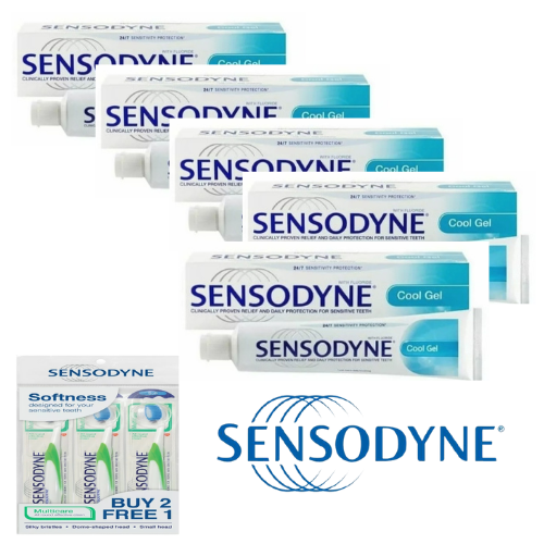 Sensodyne Toothpaste Cool Gel for Sensitive Teeth 100g x 5 Units + 3x Toothbrush