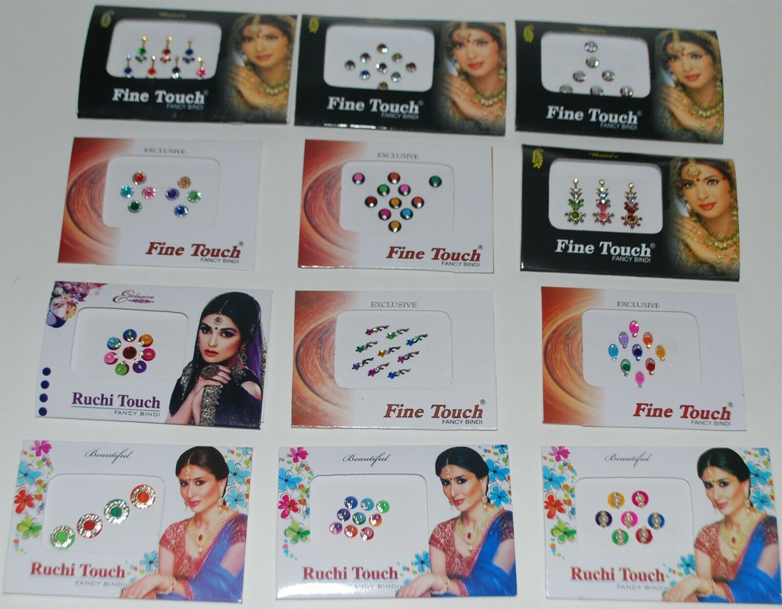 Pack of 12 Multi-Colour Ornate Bindi Indian Bridal Bindi Crystal Tikka Head