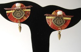 Red Gold Circles Post Earrings Coin Pearl Handcrafted Paper Asian Drop - $71.00